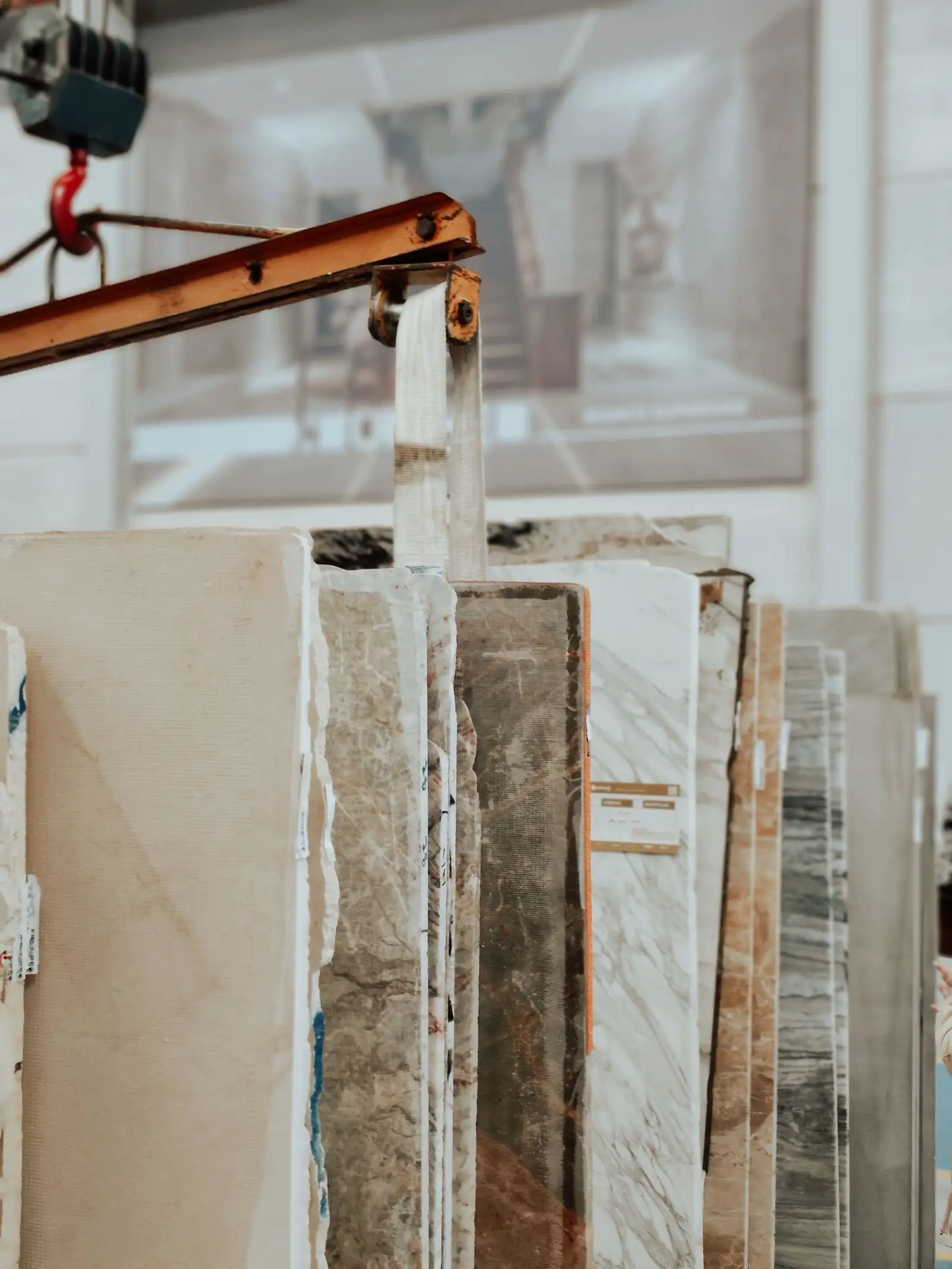 Rack of full-size polished stone slabs beside a lifting hook