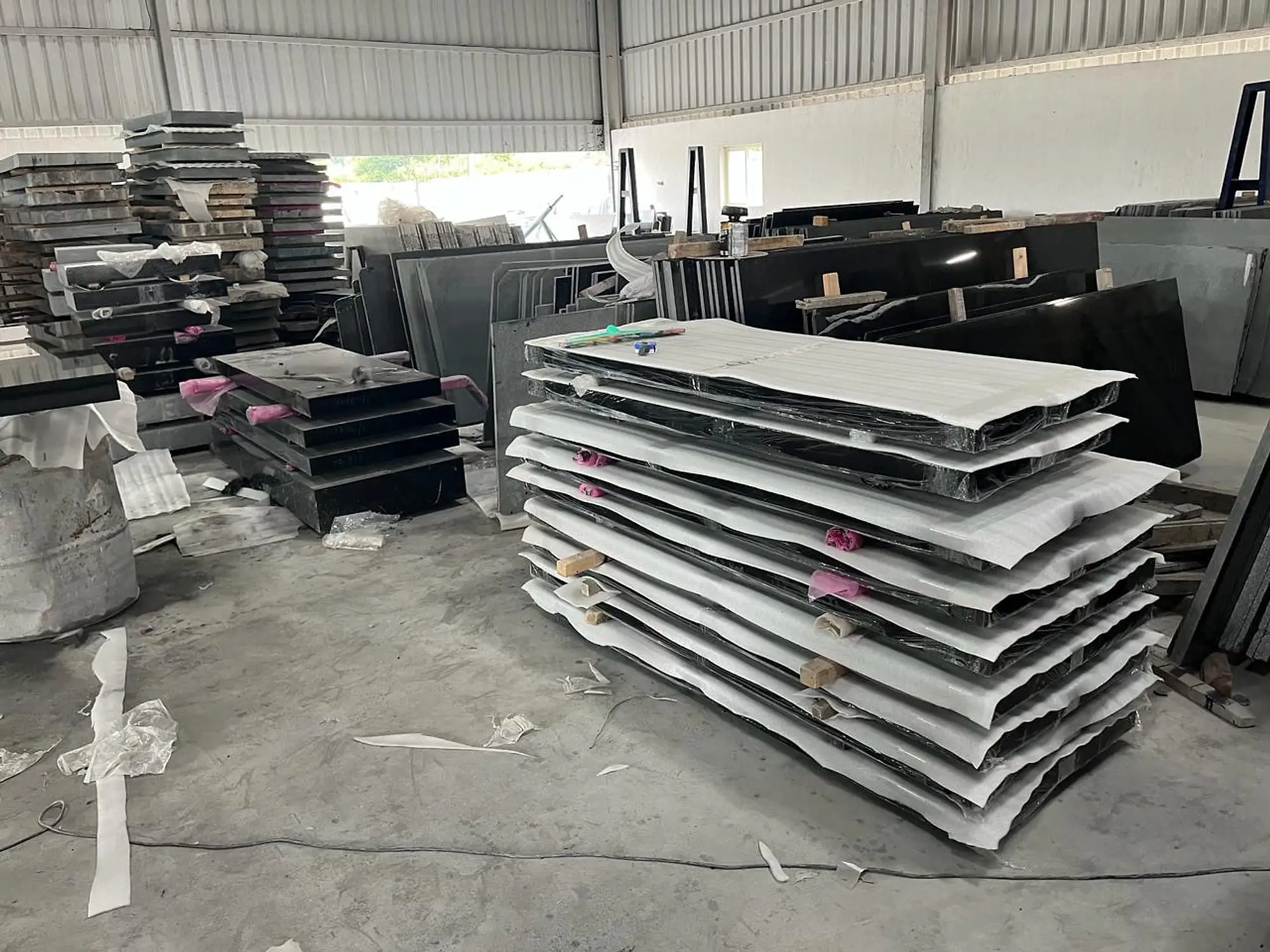 Finished granite slabs stacked for dispatch
